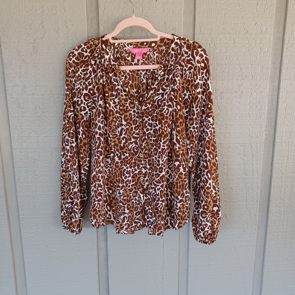 Lilly Pulitzer Saige Long Sleeve Silk Top Size S In Chocolate My Favorite Spot